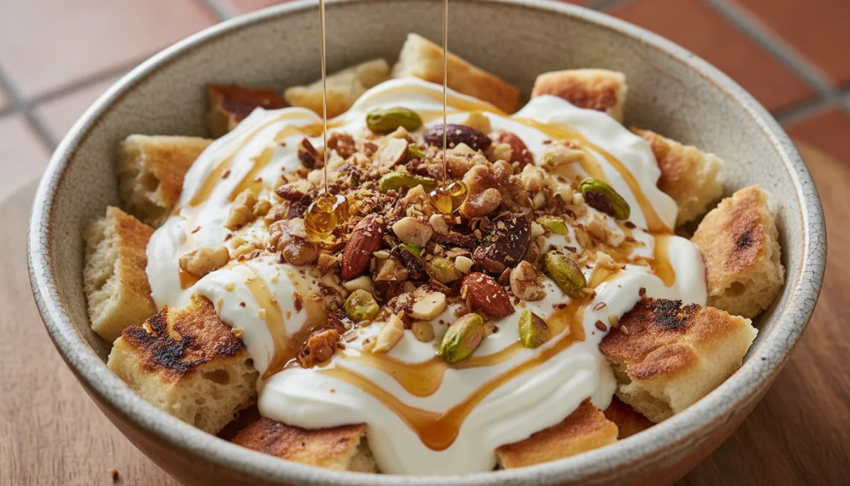 Yemeni Fattah with Yogurt, Honey, and Toasted Nuts